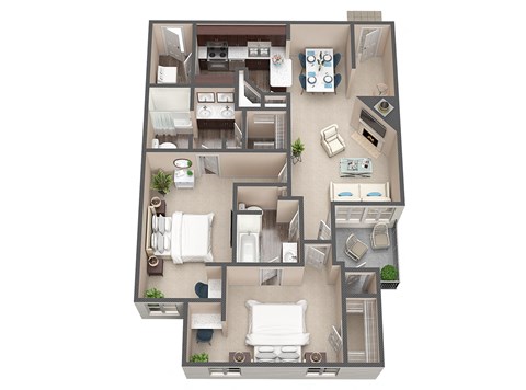 A top-down view of a house layout with multiple rooms.